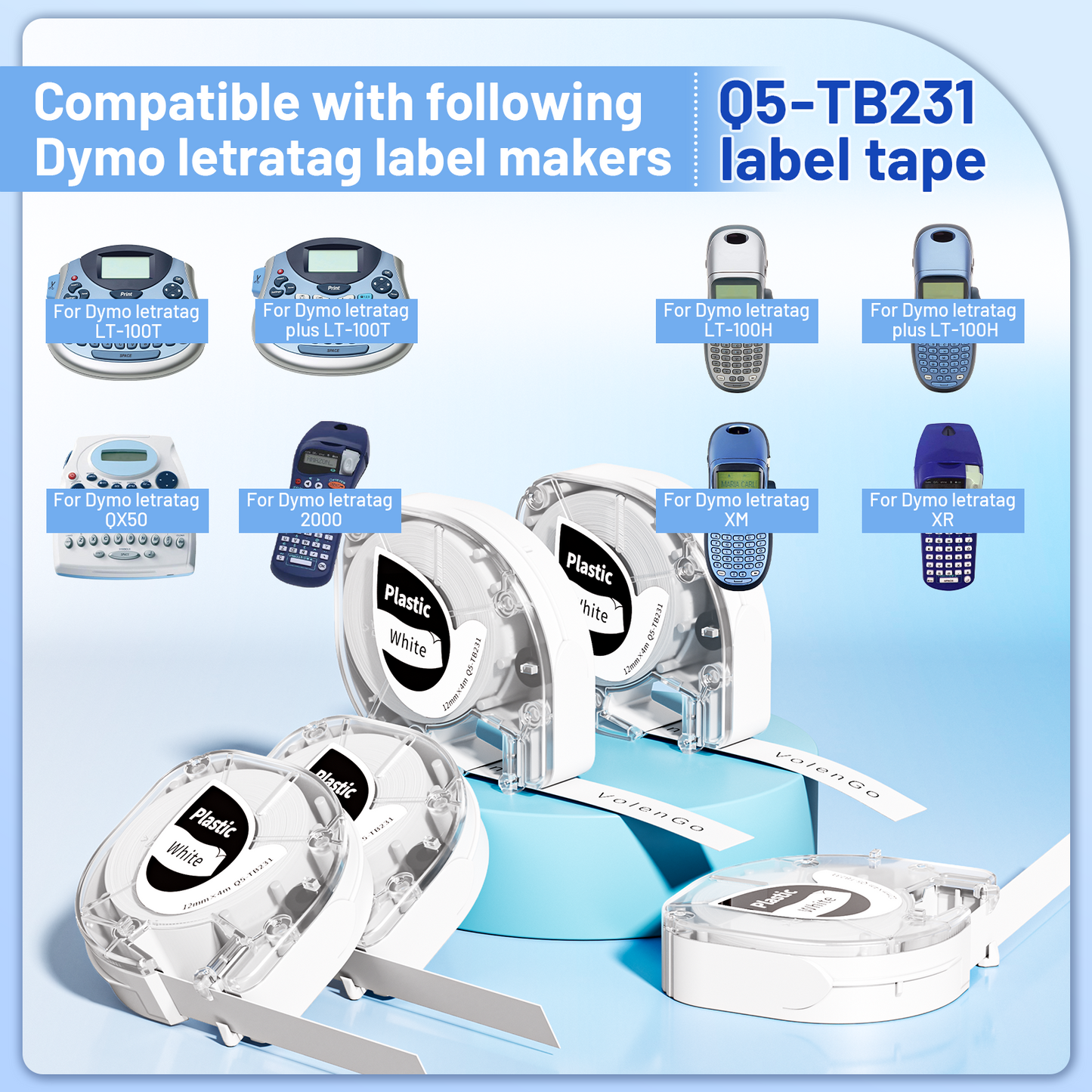 VolenGo Label Maker Pastic Tape, Replacement for DYMO Refills Tape 100H LT-100T 16952 91330 10697 LetraTag Label Maker, 1/2 Inch x13 Feet 12mm x4m,Blakc on White.5 Pack