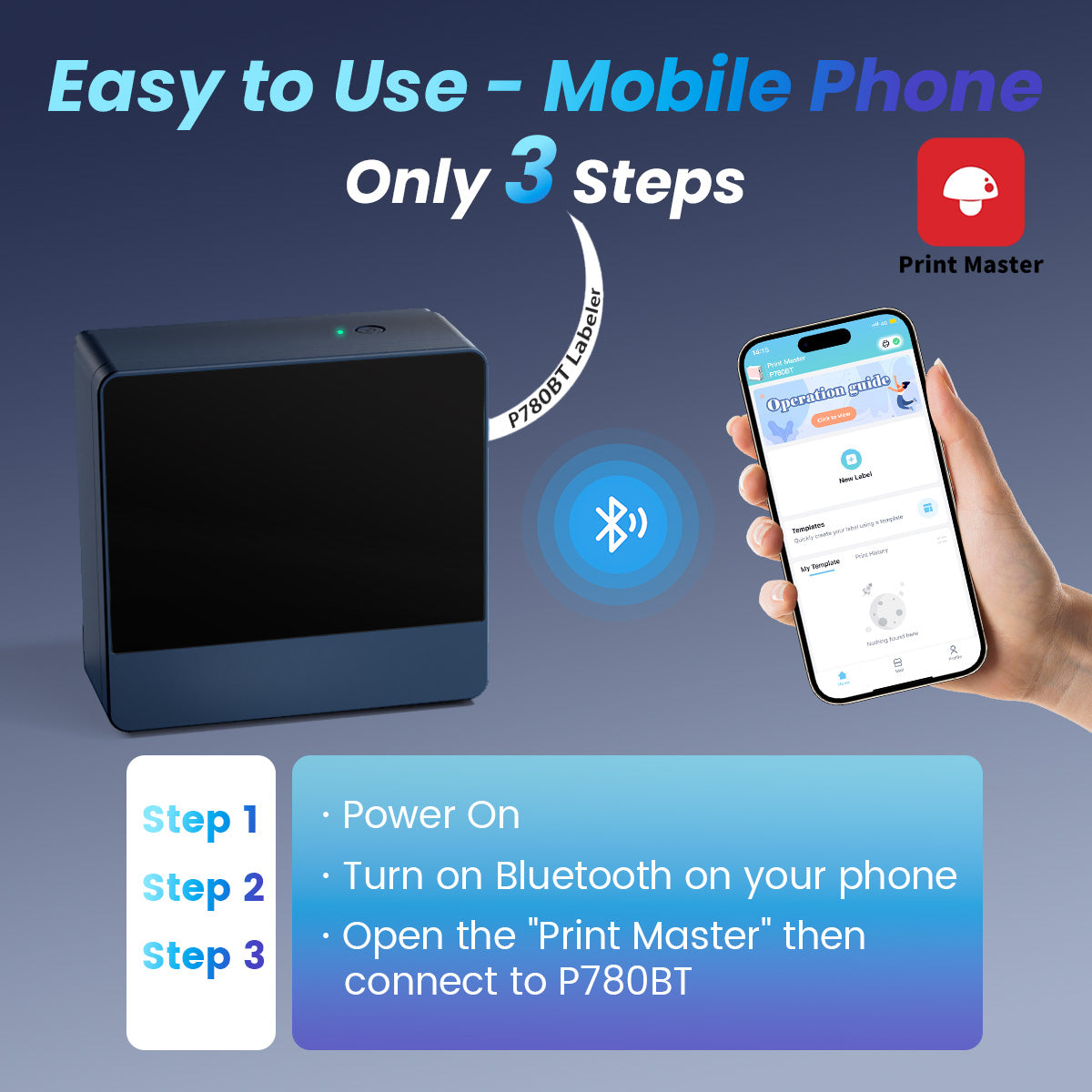 Label Maker Machine, Thermal, Automatic Cutting, Portable Inkless Labeler, Bluetooth Connect PC/Phone, 24mm Labeling Tape, Multiple Templates for iPhone & Android, P780BT, Deep Blue