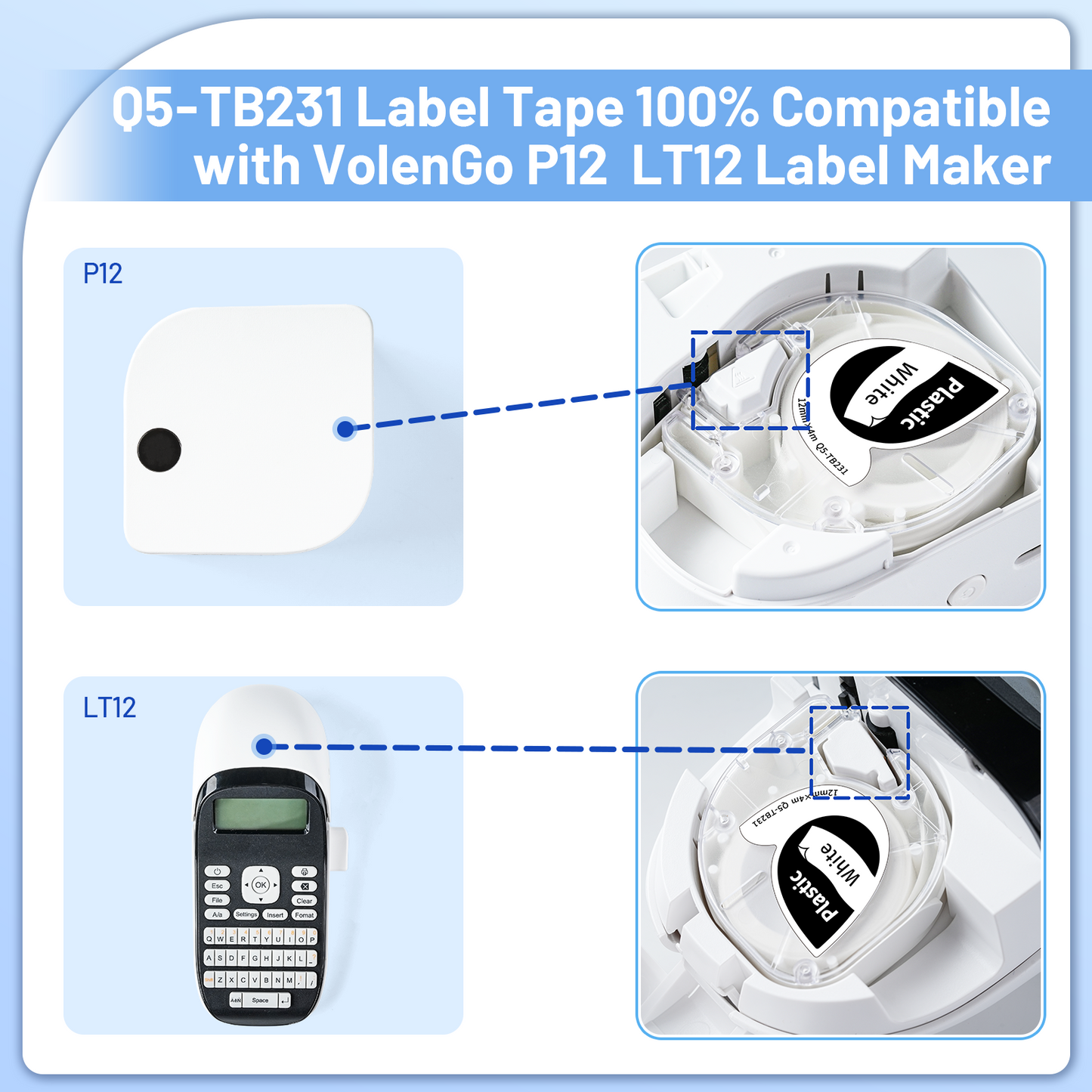 VolenGo Label Maker Tape, Pastic Refills Tape for DYMO Label Maker, for LetraTag 100H LT-100T 16952 91330 10697 200B 2000 Labeler, 1/2 Inch x 13 Feet 12mmx4m, Blakc on White,3- Pack
