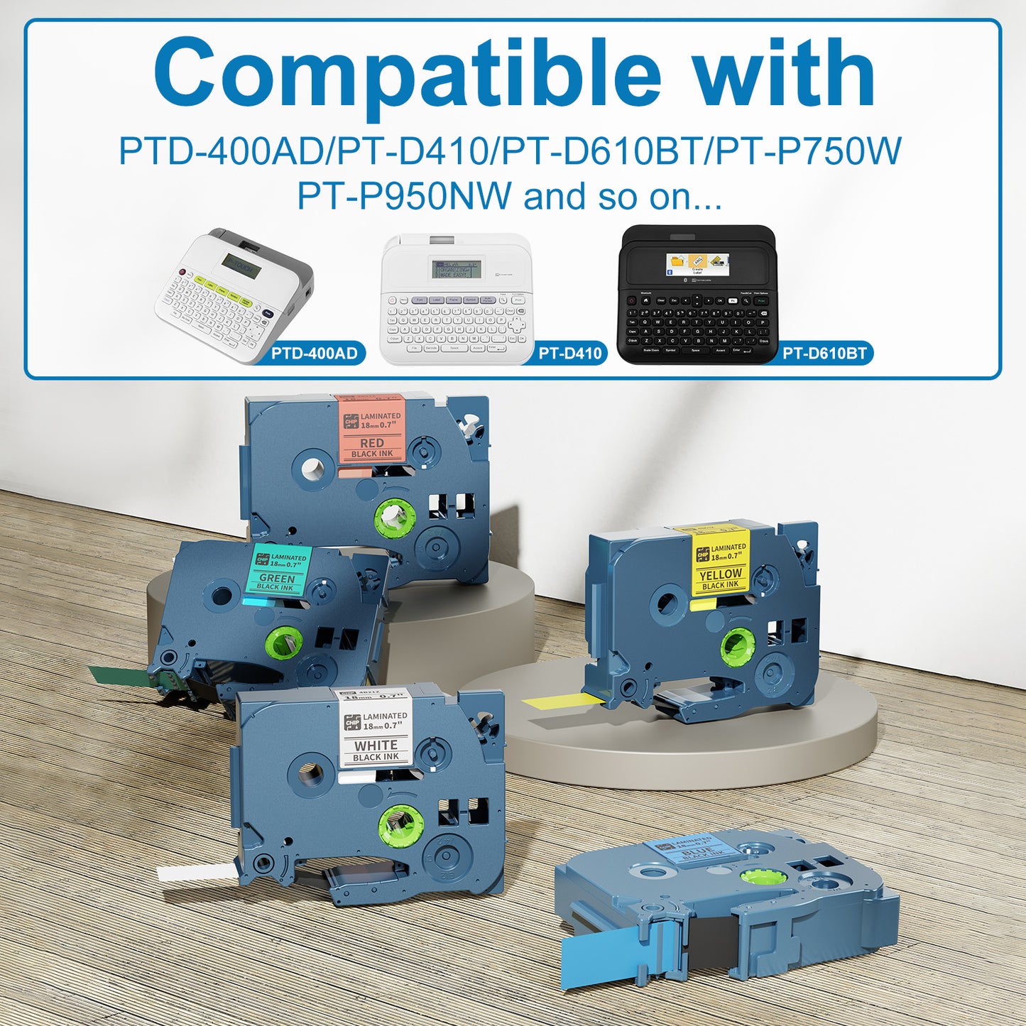 Label Tape Compatible with Brother P-Touch, Laminated Label Maker Tape, PT-D400 PTD400AD PT-D410 PT-D600 PT-P750W Tape, 5 Packs Colorful Labeling Refills, 0.7 inch 18mm Label Maker Machine Tape