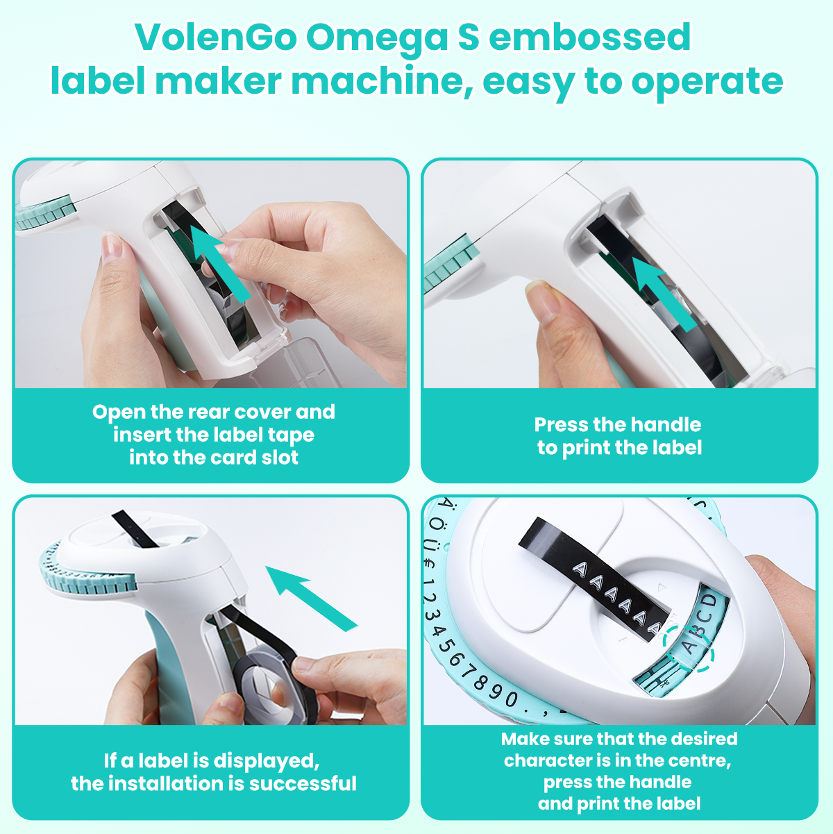 Volengo Omega S Embossing Label Maker, Portable Handheld Retro Label Embosser, Green Manual Embossed Label Maker with 5 Rolls of 9mm Black Embossing Tape, Suitable for The Elderly and Children