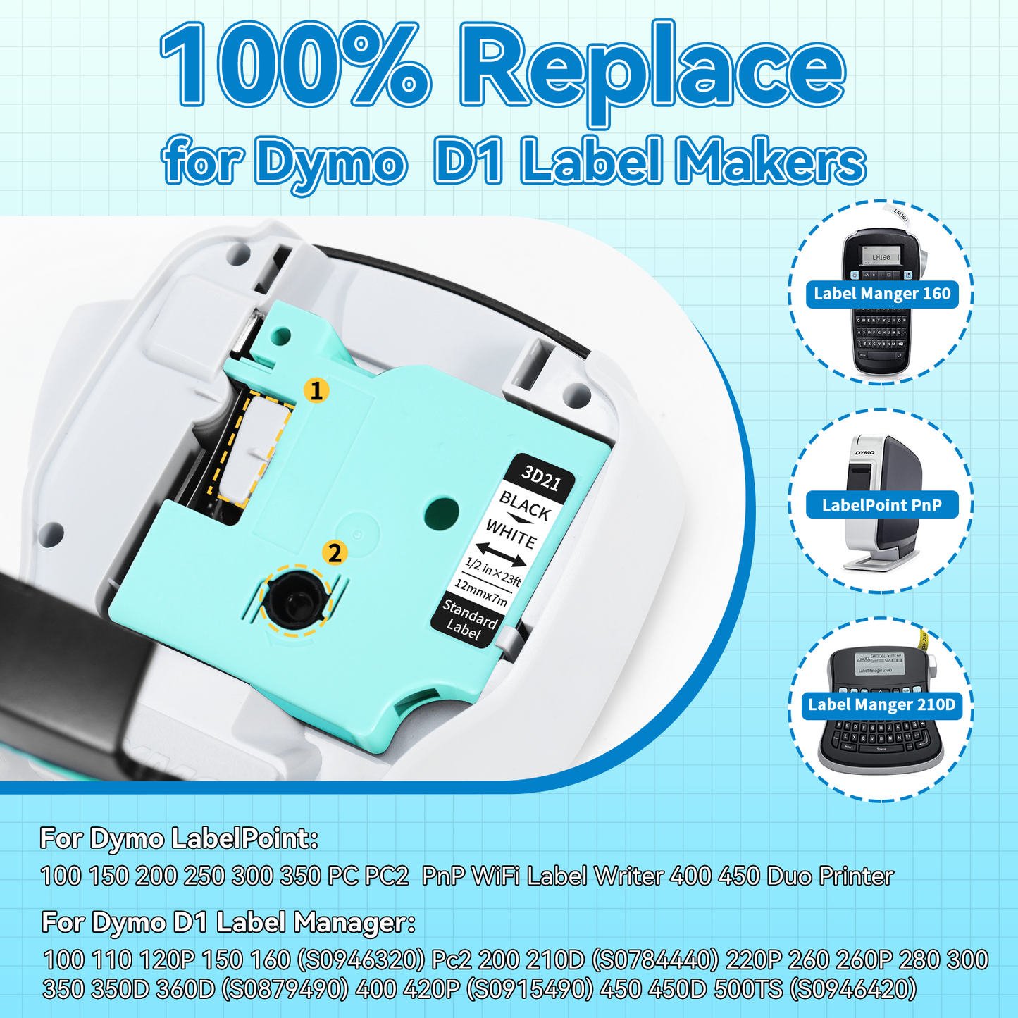 VolenGo Black on White Label Tape, 3D21 2PK Tape Refill Replacement for Dymo D1 Label Tape 45013,Compatible for Dymo LabelManager 160 280 210D Label Maker, for D1600 Labeler, 1/2 Inch x 23Feet