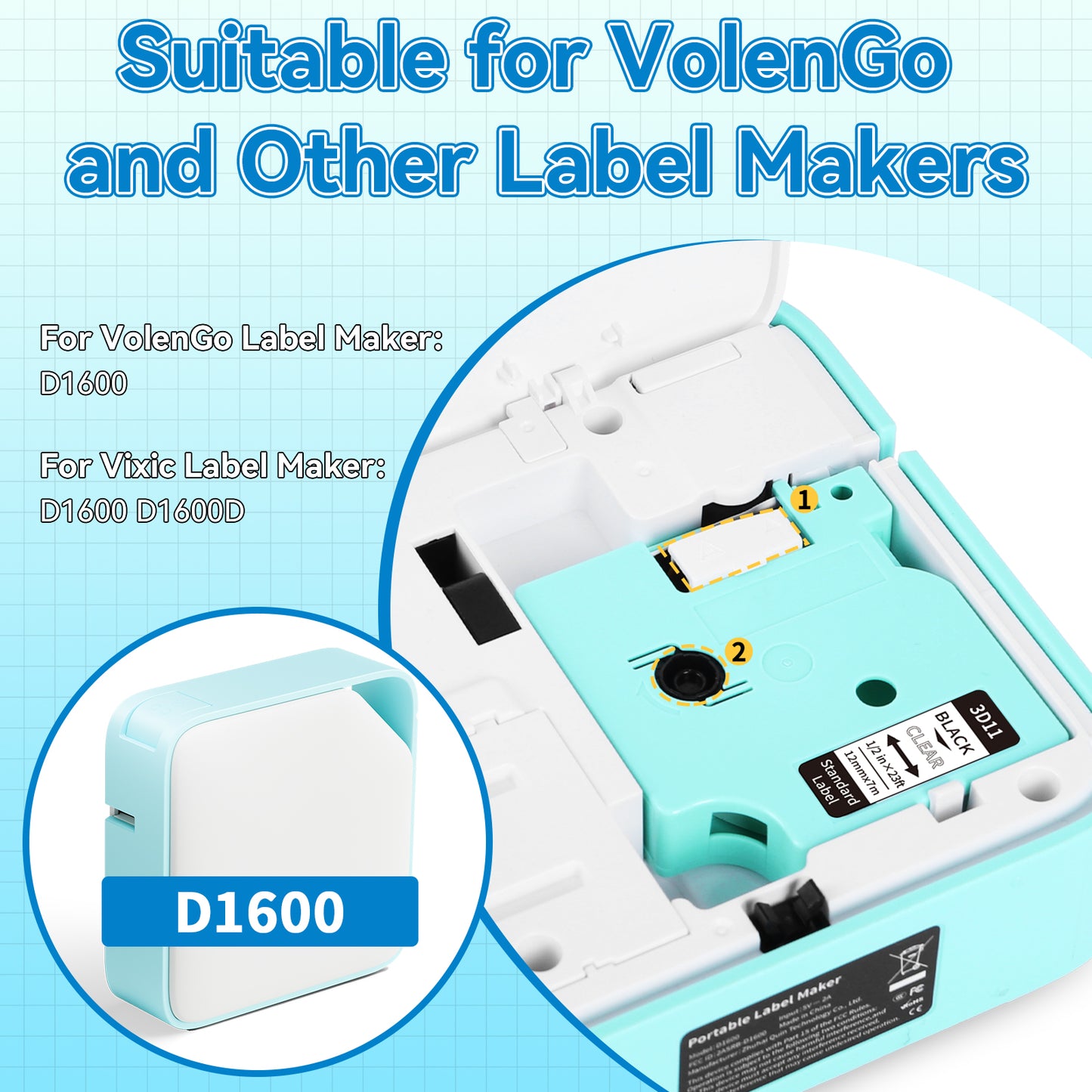 VolenGo Black on Clear Label Tape, 3D11 2PK Tape Refill for D1600 Labeler Replacement for Dymo D1 Label Tape 45013,Compatible for Dymo LabelManager160 280 210D Label Maker, 1/2 Inch x23Feet