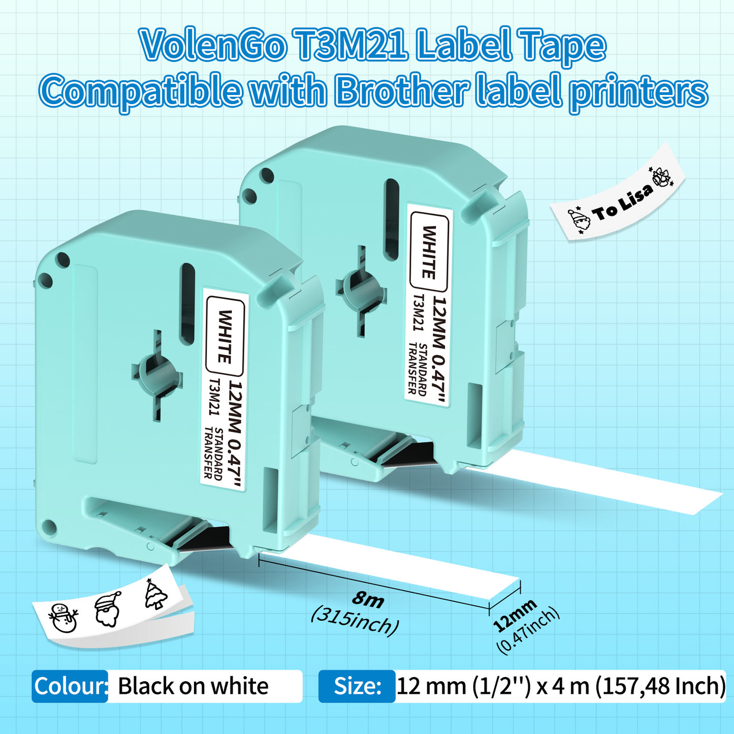 VolenGo T3M21 Compatible with Brother M-K231 12 mm Label Tapes Replacement for Brother M-K231S M-K231 MK231S M-K231BZ, Compatible with Brother PT-M95/110/100/85/70/65 Label Strips, 12 mm x 4 m x 2