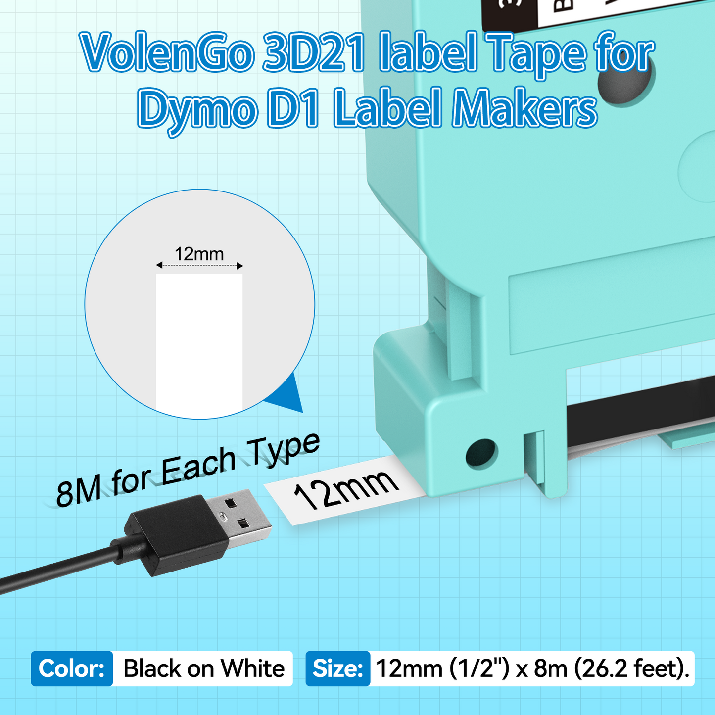 VolenGo Black on White Label Tape, 3D21 2PK Tape Refill Replacement for Dymo D1 Label Tape 45013,Compatible for Dymo LabelManager 160 280 210D Label Maker, for D1600 Labeler, 1/2 Inch x 23Feet