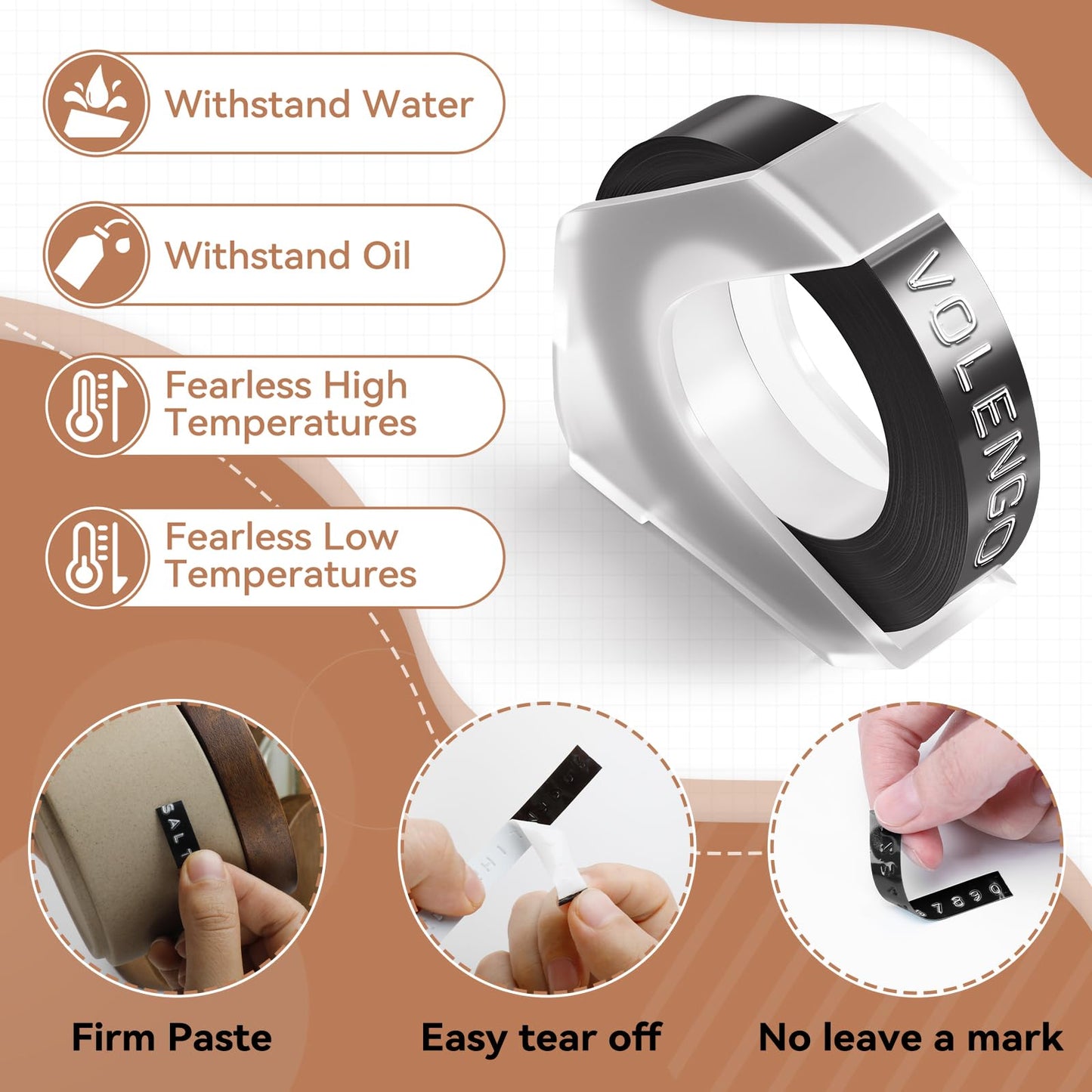 VolenGo Embossing Label Maker Machine Tapes, 3D Plastic Omega S Label Tape, Compatible with Dymo Xpress Pro 12965 DYM12966, 3/8 inch x 3m White on Multi-Color Embossing Label Maker Refill, 6 Packs.