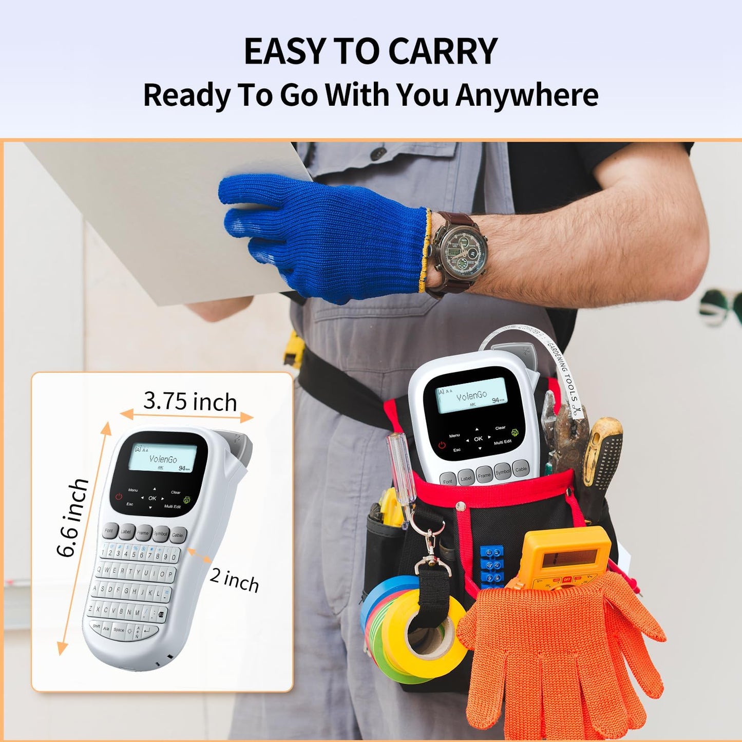 VolenGo Label Maker Machine with Tape, Portable Labeler with 12mm 0.47 inch Black on White Laminated Tape, QWERTY Keyboard Labeler with Backlight LCD Screen for Home & Office Organization,White Grey