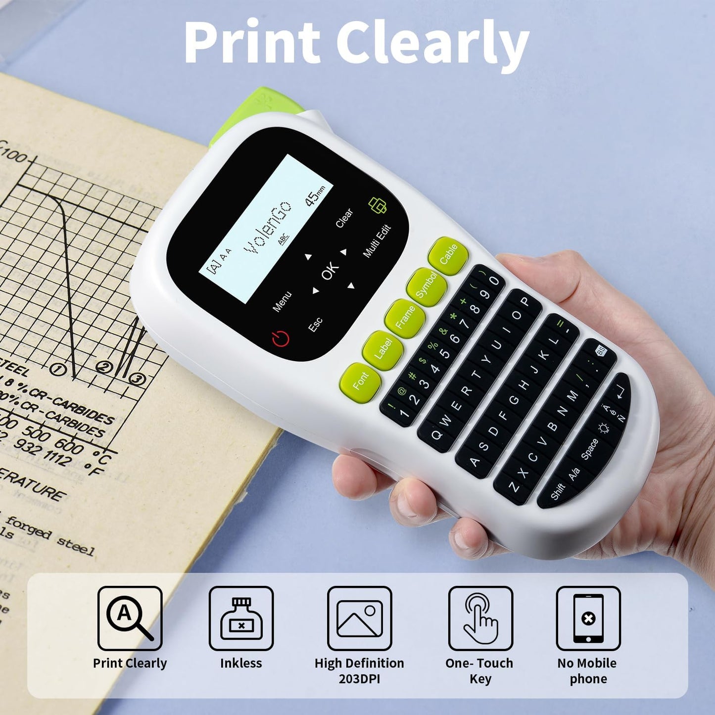 VolenGo Label Maker Machine, Portable Thermal Transfer Label Maker with Tape 12mm 0.47 inch Laminated Black on White, Handheld Labeler with QWERTY Keyboard & Backlight LCD, Home/School Organization