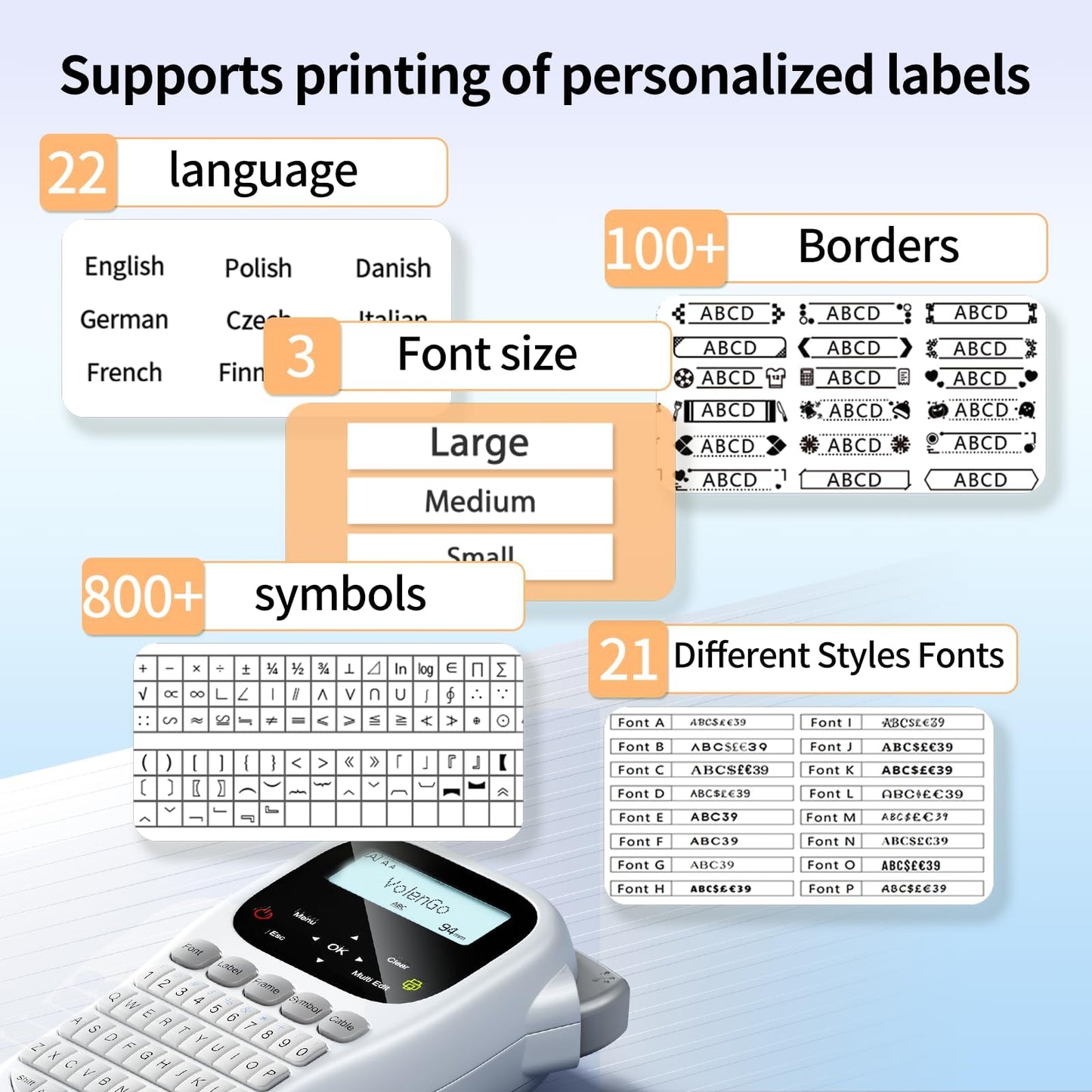 VolenGo Label Maker Machine with Tape, Portable Labeler with 12mm 0.47 inch Black on White Laminated Tape, QWERTY Keyboard Labeler with Backlight LCD Screen for Home & Office Organization,White Grey