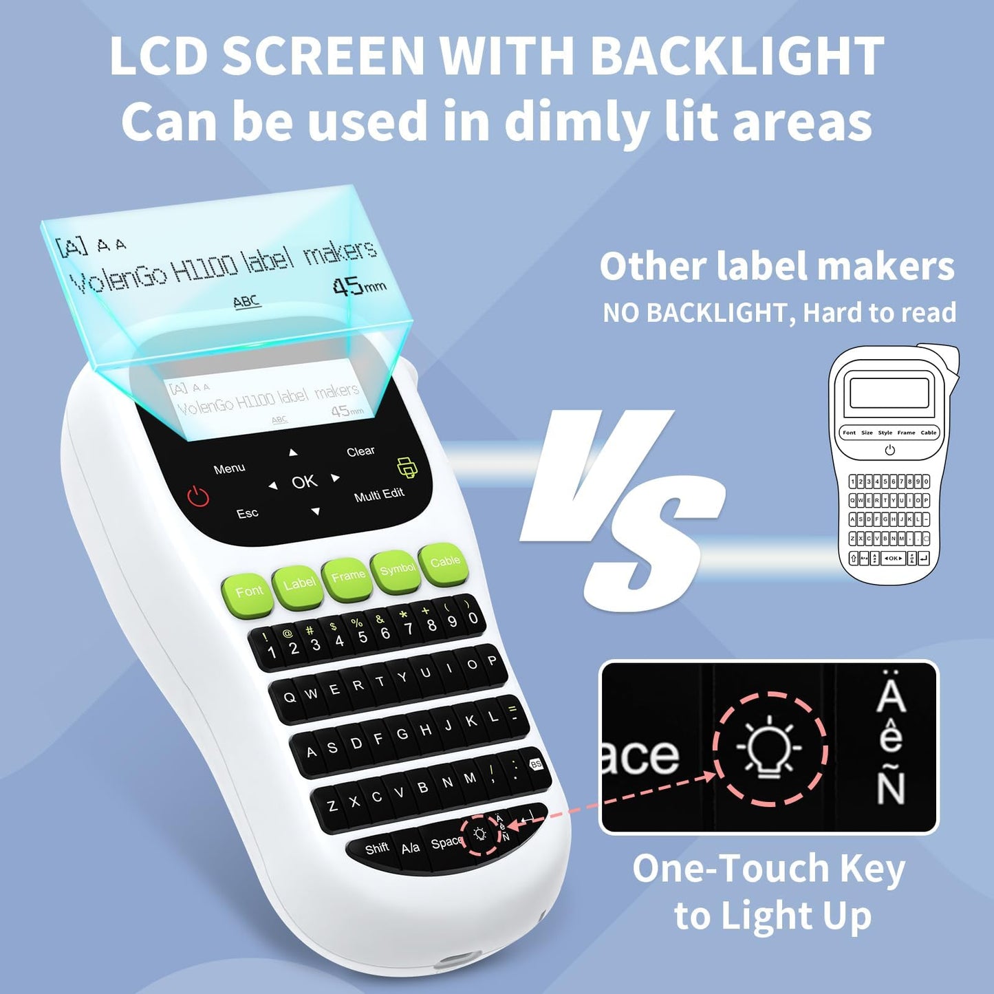 VolenGo Label Maker Machine, Portable Thermal Transfer Label Maker with Tape 12mm 0.47 inch Laminated Black on White, Handheld Labeler with QWERTY Keyboard & Backlight LCD, Home/School Organization
