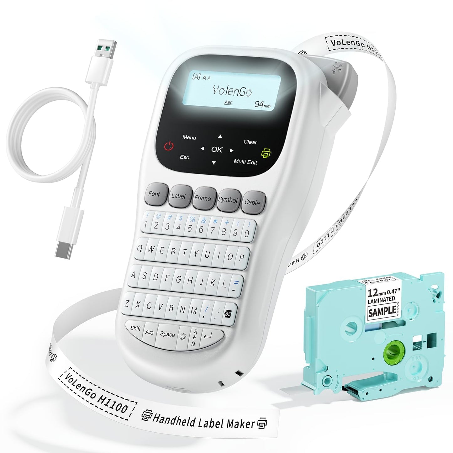 VolenGo Label Maker Machine with Tape, Portable Labeler with 12mm 0.47 inch Black on White Laminated Tape, QWERTY Keyboard Labeler with Backlight LCD Screen for Home & Office Organization,White Grey