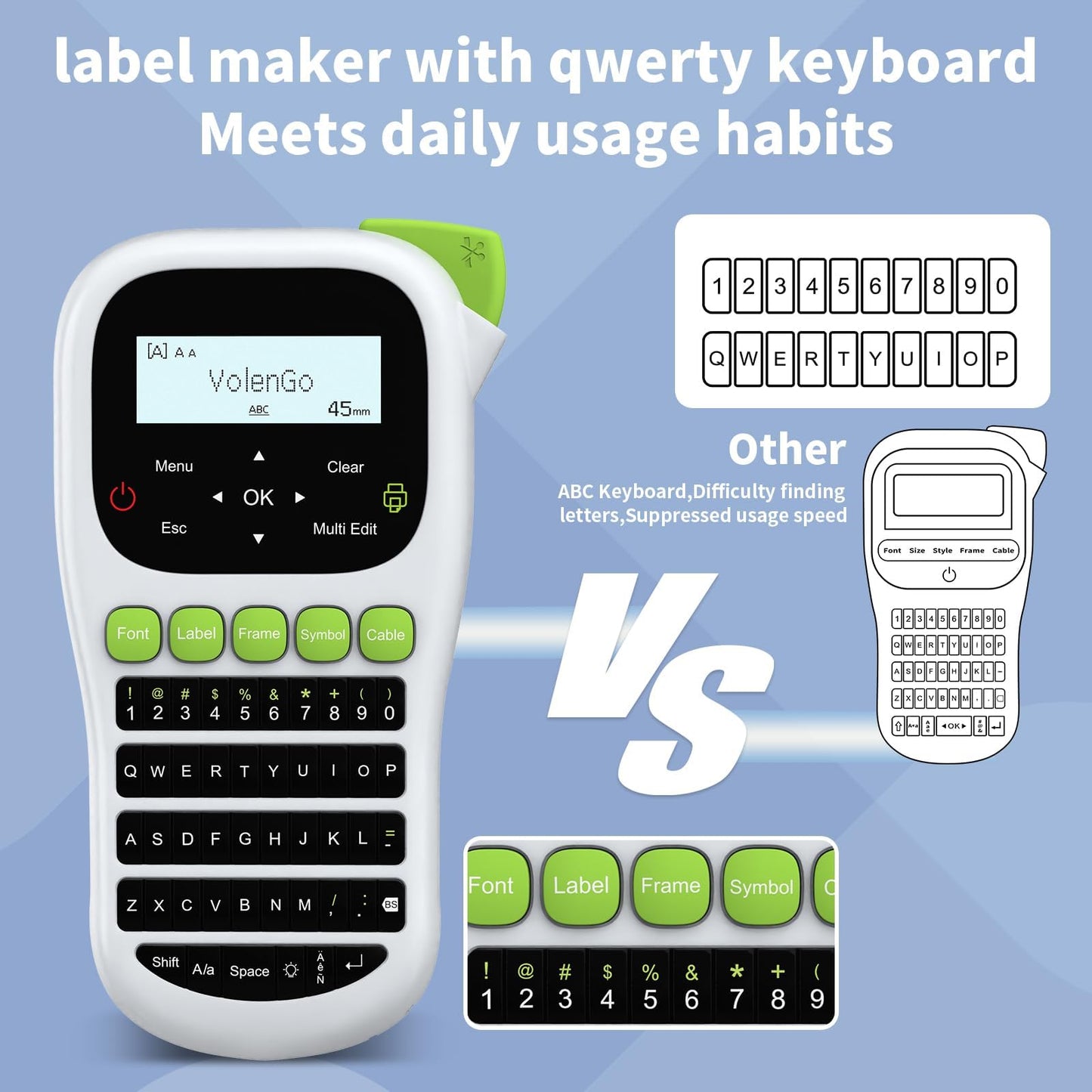 VolenGo Label Maker Machine, Portable Thermal Transfer Label Maker with Tape 12mm 0.47 inch Laminated Black on White, Handheld Labeler with QWERTY Keyboard & Backlight LCD, Home/School Organization