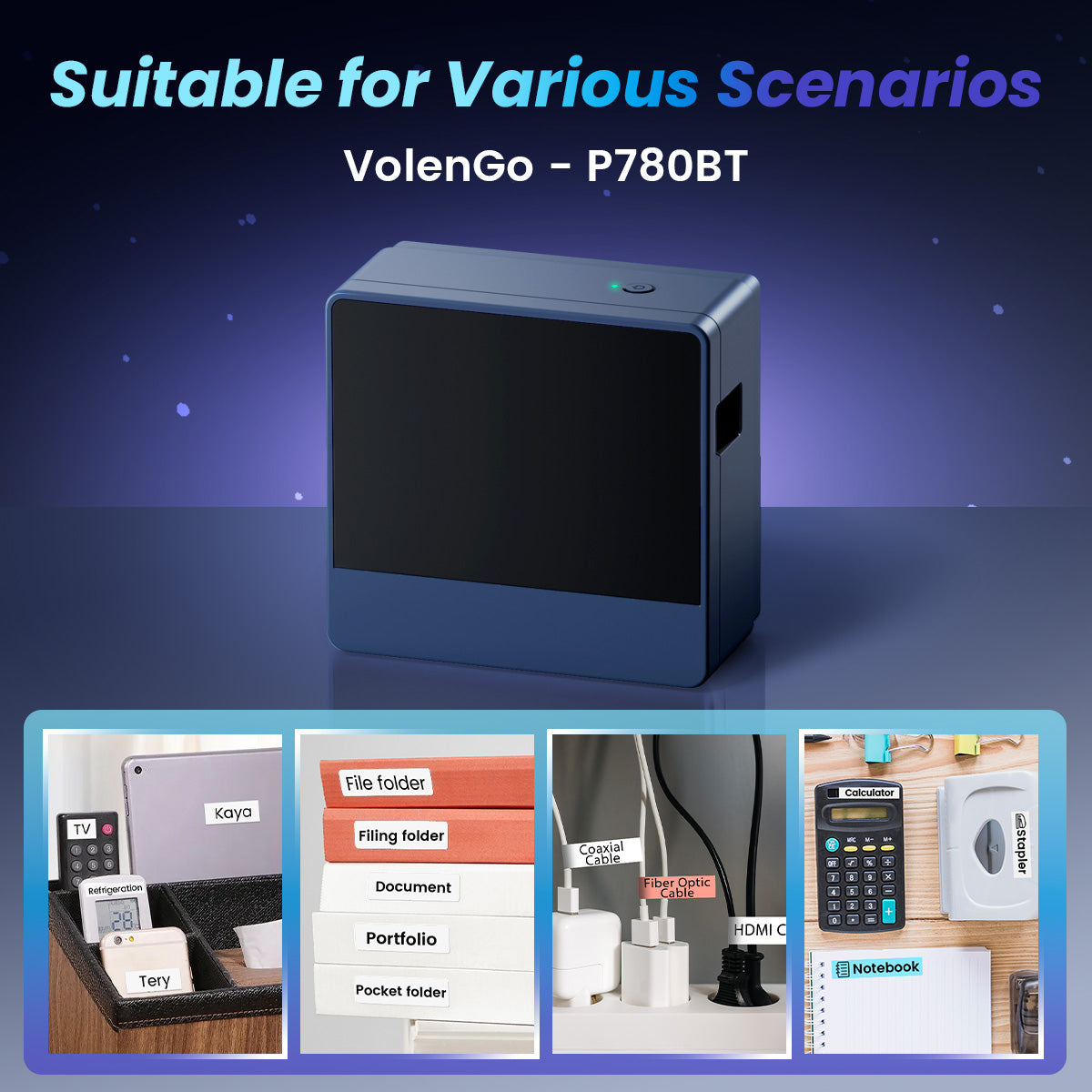 Label Maker Machine, Thermal, Automatic Cutting, Portable Inkless Labeler, Bluetooth Connect PC/Phone, 24mm Labeling Tape, Multiple Templates for iPhone & Android, P780BT, Deep Blue