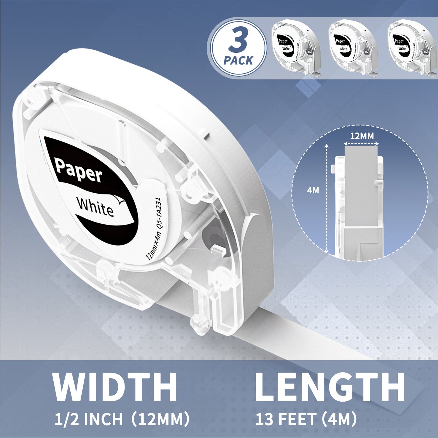 VolenGo Q5-TA231 Label Maker Tape Replacement for Dymo Label Maker Refills White Paper 91330 10697,Compatible with Dymo Letratag Refills 12mm x 4m,for Letra Tag LT100H 200B QX50, 3-pack