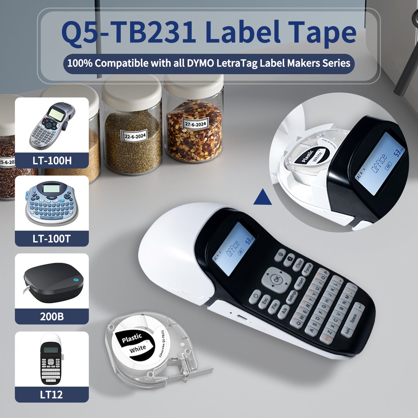 Q5-TB231 white Plastic Label Tape Replacement for Dymo Letratag Refills 91331, Compatible with Dymo Label Maker Refills 1/2 x 13 for Letra Tag for LT100H 200B Phomemo P12 P12 Pro Label Maker