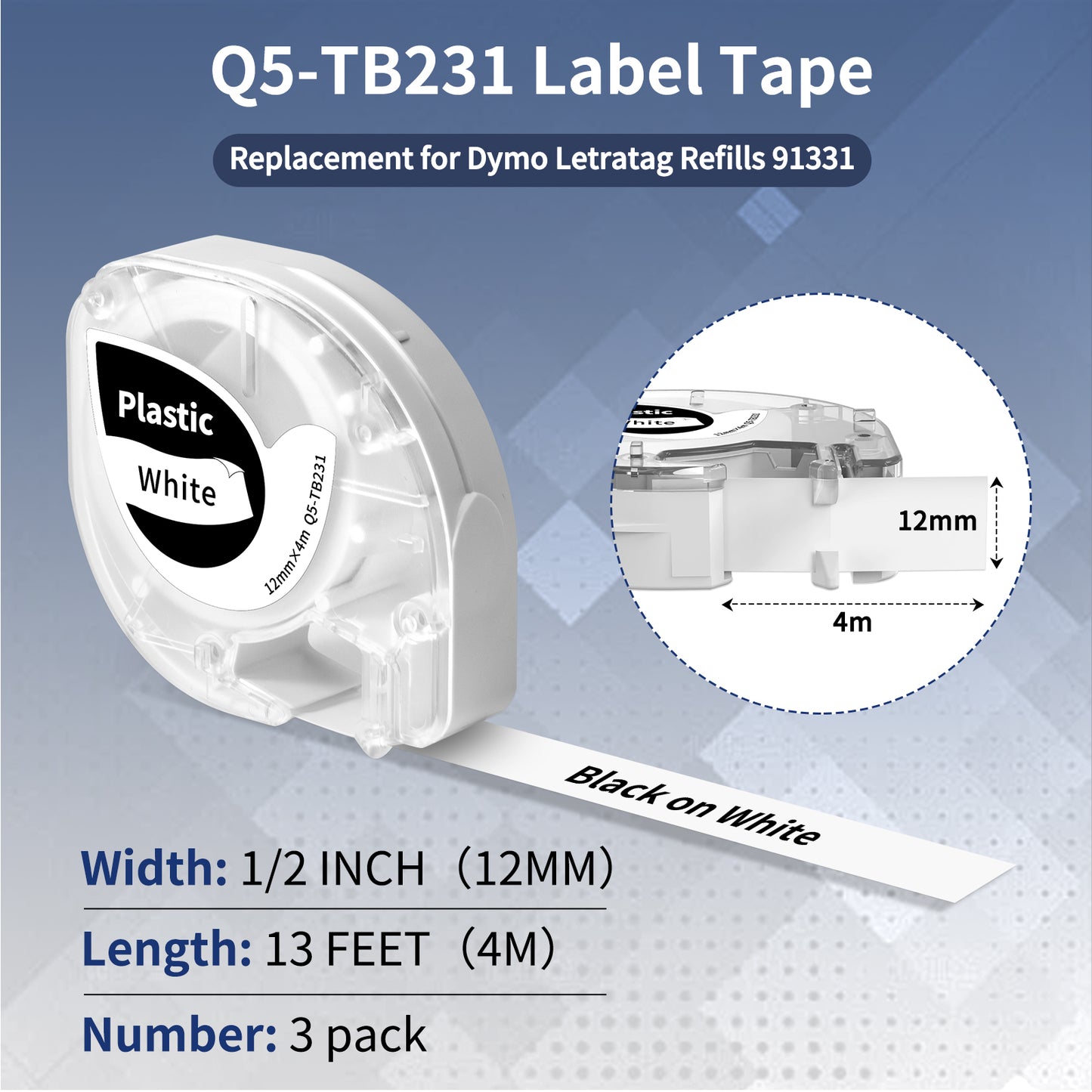 Q5-TB231 white Plastic Label Tape Replacement for Dymo Letratag Refills 91331, Compatible with Dymo Label Maker Refills 1/2 x 13 for Letra Tag for LT100H 200B Phomemo P12 P12 Pro Label Maker