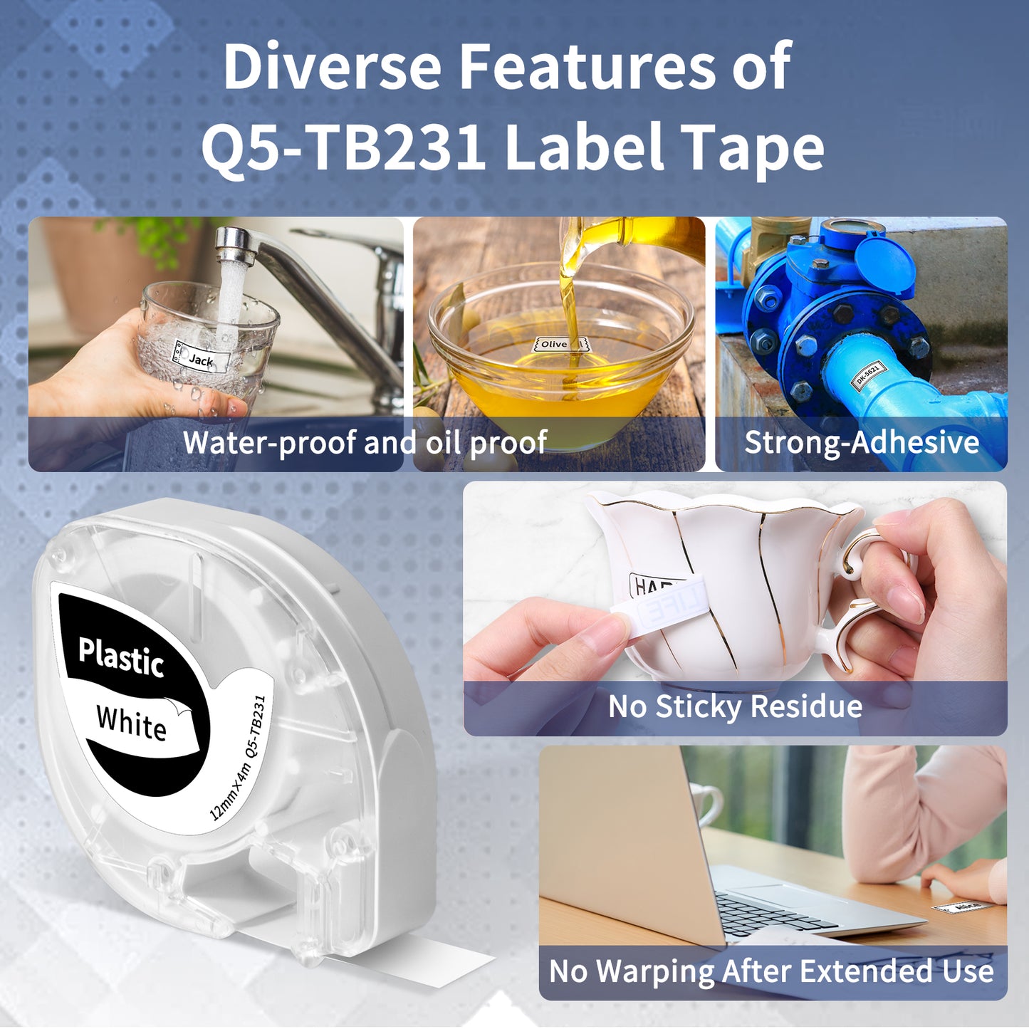 Q5-TB231 white Plastic Label Tape Replacement for Dymo Letratag Refills 91331, Compatible with Dymo Label Maker Refills 1/2 x 13 for Letra Tag for LT100H 200B Phomemo P12 P12 Pro Label Maker