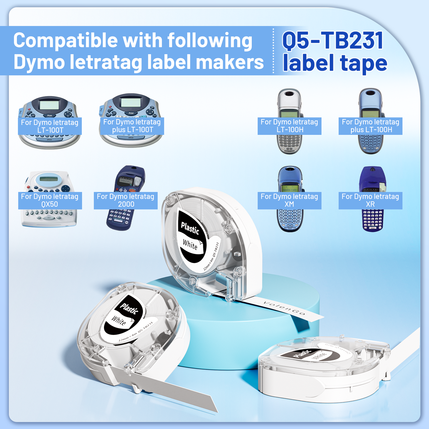 VolenGo Label Maker Tape, Pastic Refills Tape for DYMO Label Maker, for LetraTag 100H LT-100T 16952 91330 10697 200B 2000 Labeler, 1/2 Inch x 13 Feet 12mmx4m, Blakc on White,3- Pack