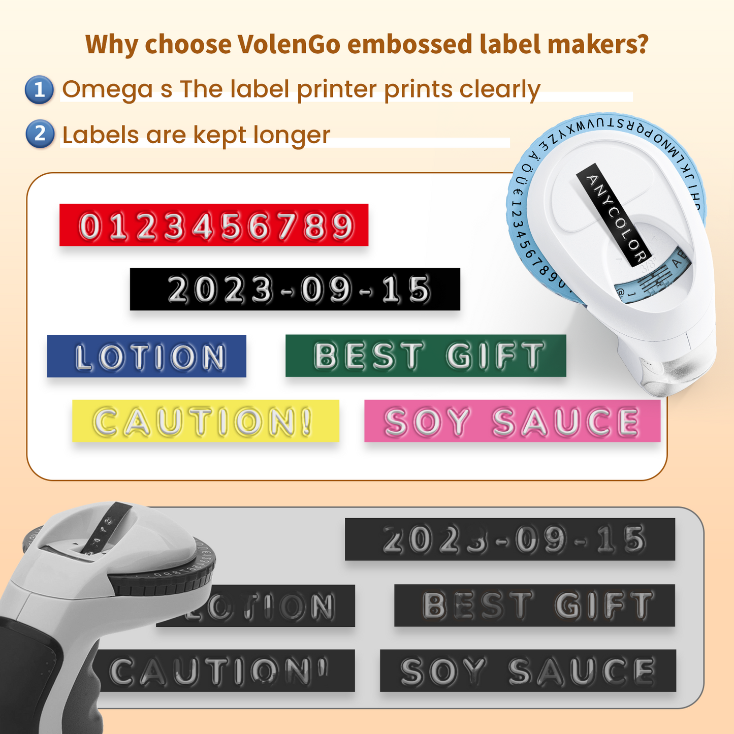 Volengo Omega S Embossed Machine / Embossing Label Maker / 3D Labelling Machine, with 5 Rolls of Label Tape, Label Embossing Machine 9mm, Blue Embossing Label Maker, Suitable for Home, DIY Design