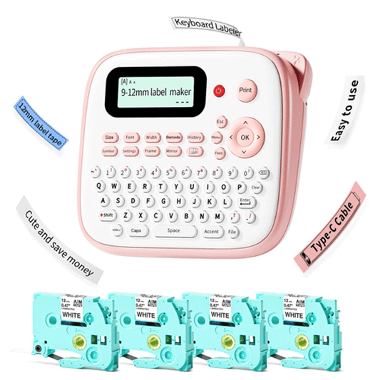 Pink Label Maker Machine with 4 Tapes,  D210S Label Maker Machine, Portable Label Maker with Keyboard, QWERTY Keyboard Handheld & Easy to use, Multiple fonts Frames for Home/Office/School