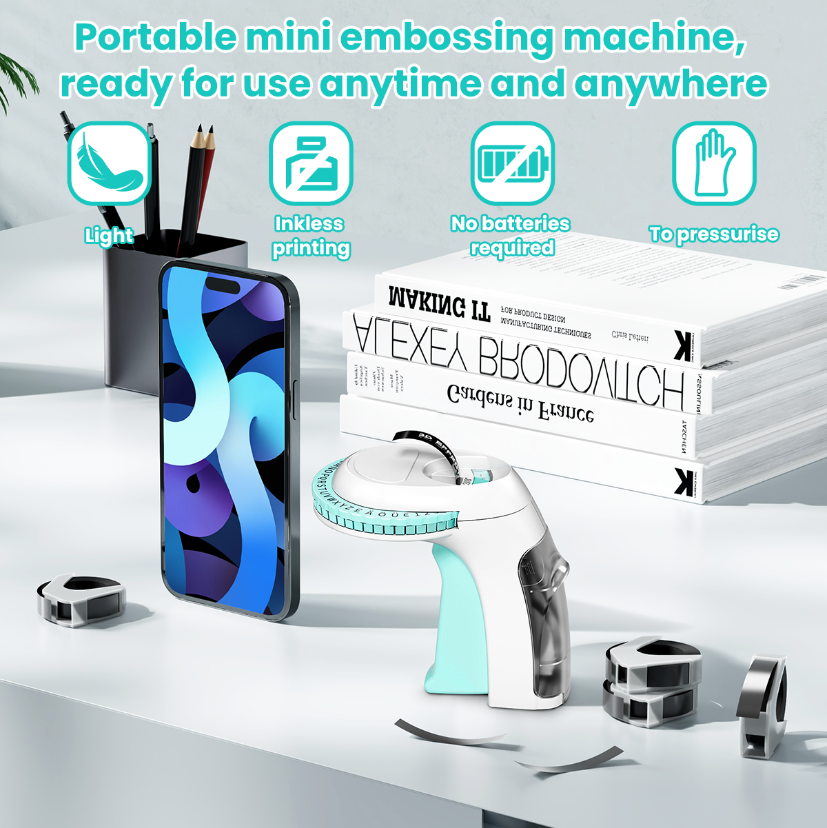 Volengo Omega S Embossing Label Maker, Portable Handheld Retro Label Embosser, Green Manual Embossed Label Maker with 5 Rolls of 9mm Black Embossing Tape, Suitable for The Elderly and Children