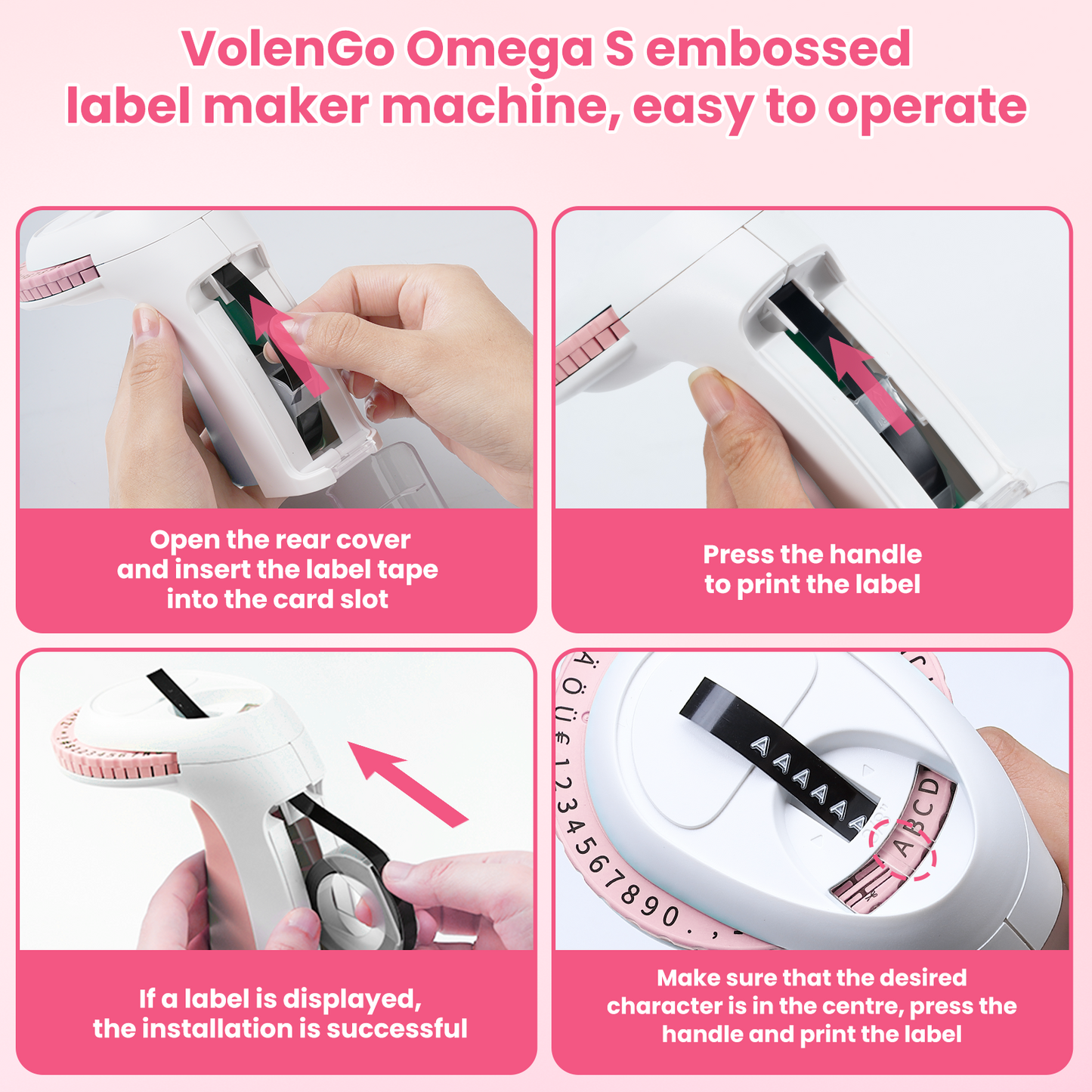 Volengo Omega S Label Maker Machine, 3d Label Printer Machine, Pink Portable Manual Label Maker with 5 Rolls of Black Adhesive Tape for Home, Office