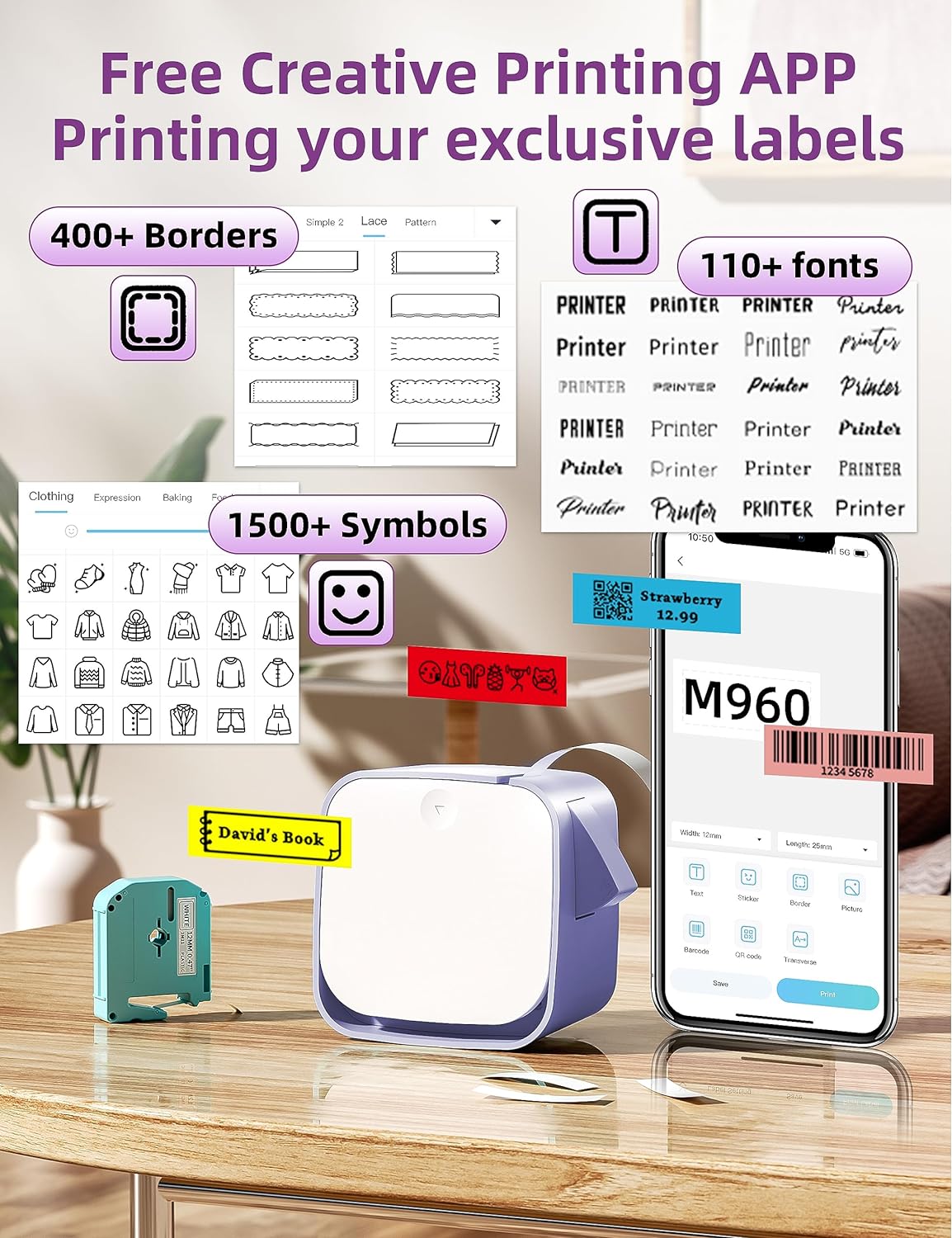 Label Maker Machine with Tape, M960 Label Maker, Bluetooth Label Maker, Portable Label Makers Multiple Templates Font Icon for Home School Office Organization, Inkless Rechargeable, Purple