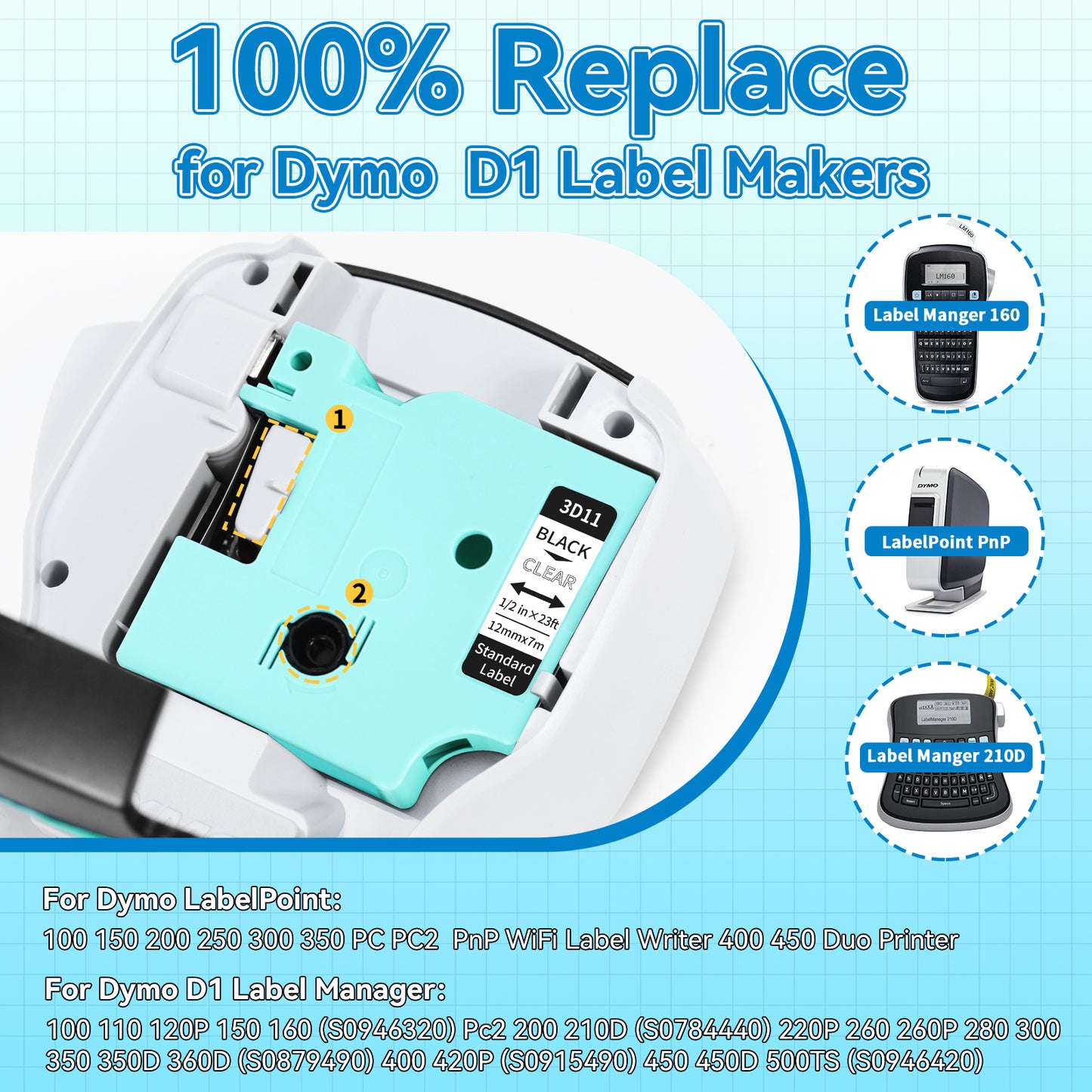 VolenGo Black on Clear Label Tape, 3D11 2PK Tape Refill for D1600 Labeler Replacement for Dymo D1 Label Tape 45013,Compatible for Dymo LabelManager160 280 210D Label Maker, 1/2 Inch x23Feet