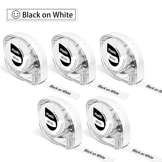 VolenGo Label Maker Pastic Tape, Replacement for DYMO Refills Tape 100H LT-100T 16952 91330 10697 LetraTag Label Maker, 1/2 Inch x13 Feet 12mm x4m,Blakc on White.5 Pack