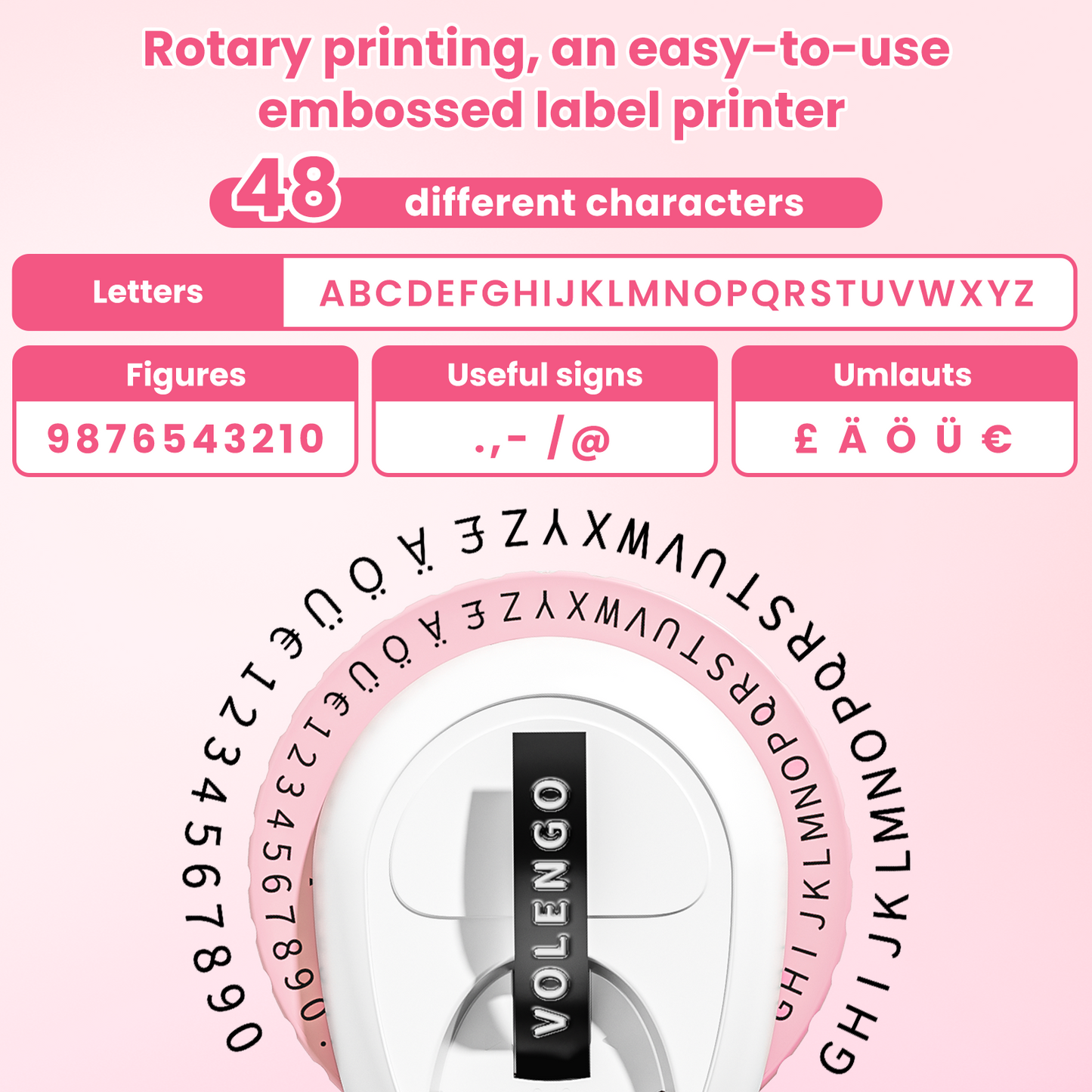 Volengo Omega S Label Maker Machine, 3d Label Printer Machine, Pink Portable Manual Label Maker with 5 Rolls of Black Adhesive Tape for Home, Office