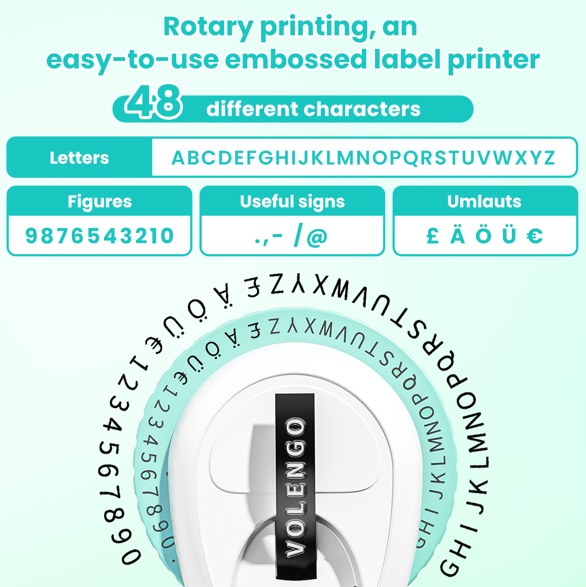 Volengo Omega S Embossing Label Maker, Portable Handheld Retro Label Embosser, Green Manual Embossed Label Maker with 5 Rolls of 9mm Black Embossing Tape, Suitable for The Elderly and Children