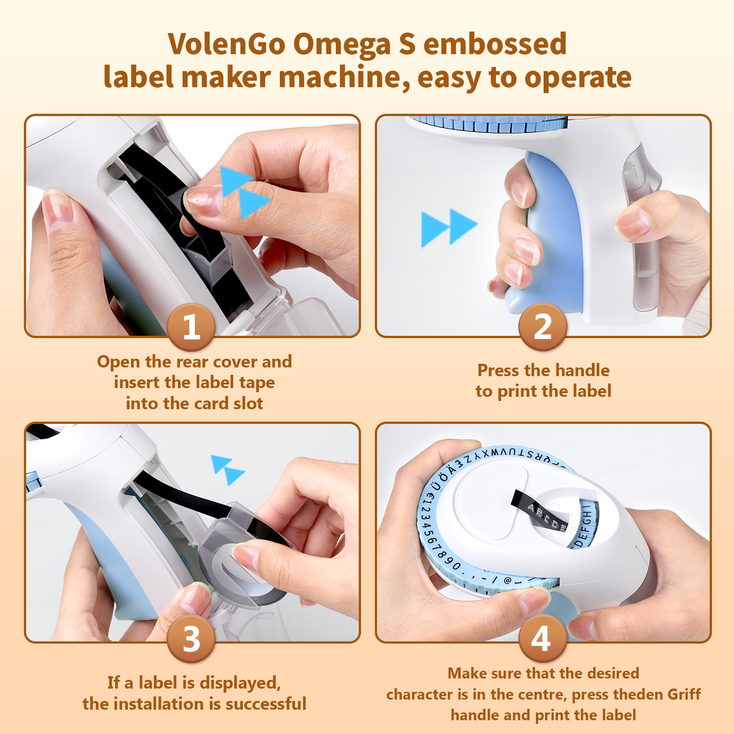 Volengo Omega S Embossed Machine / Embossing Label Maker / 3D Labelling Machine, with 5 Rolls of Label Tape, Label Embossing Machine 9mm, Blue Embossing Label Maker, Suitable for Home, DIY Design