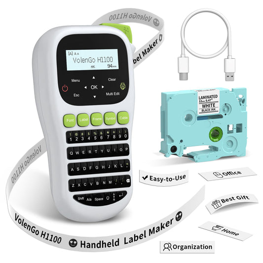 VolenGo Label Maker Machine, Portable Thermal Transfer Label Maker with Tape 12mm 0.47 inch Laminated Black on White, Handheld Labeler with QWERTY Keyboard & Backlight LCD, Home/School Organization