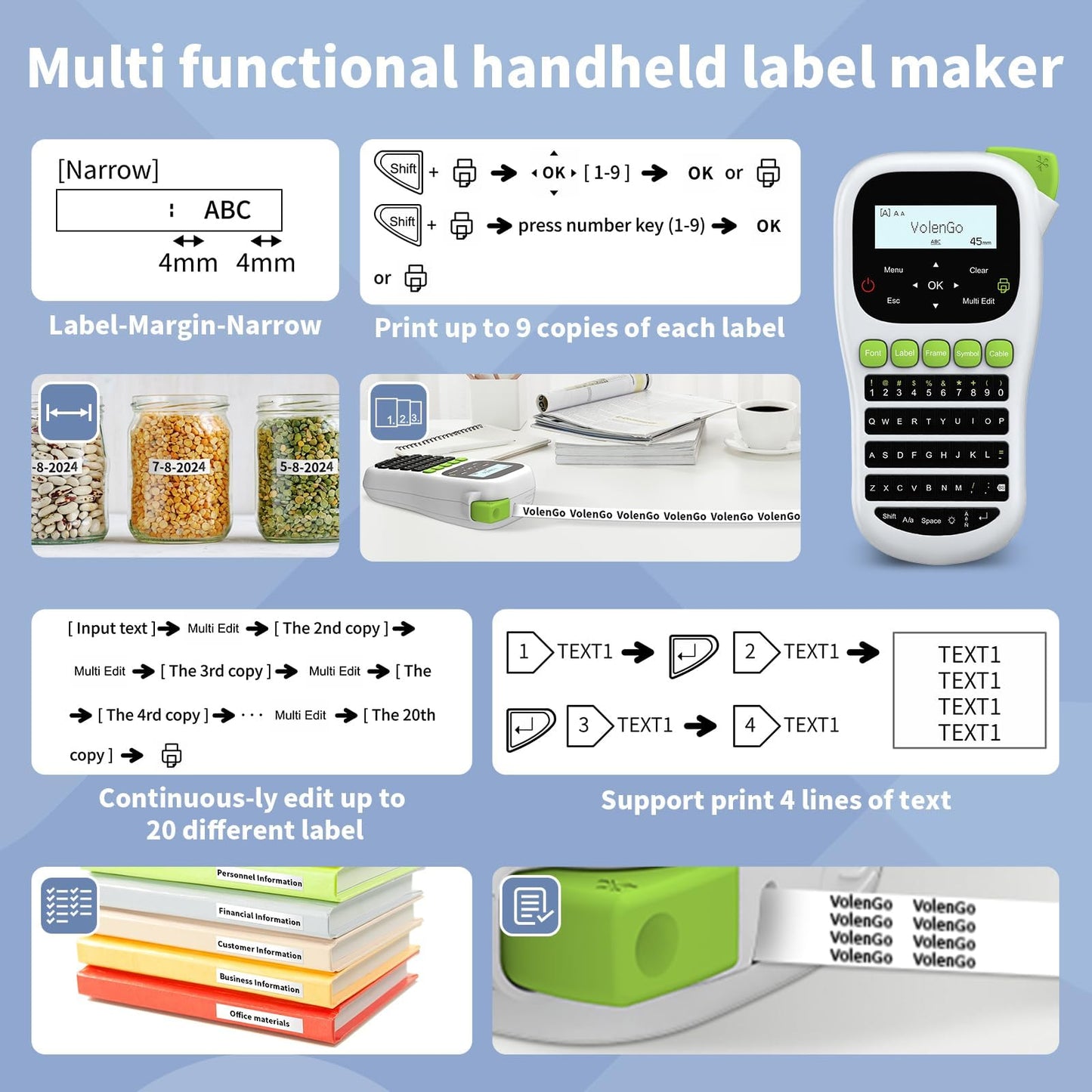 VolenGo Label Maker Machine, Portable Thermal Transfer Label Maker with Tape 12mm 0.47 inch Laminated Black on White, Handheld Labeler with QWERTY Keyboard & Backlight LCD, Home/School Organization