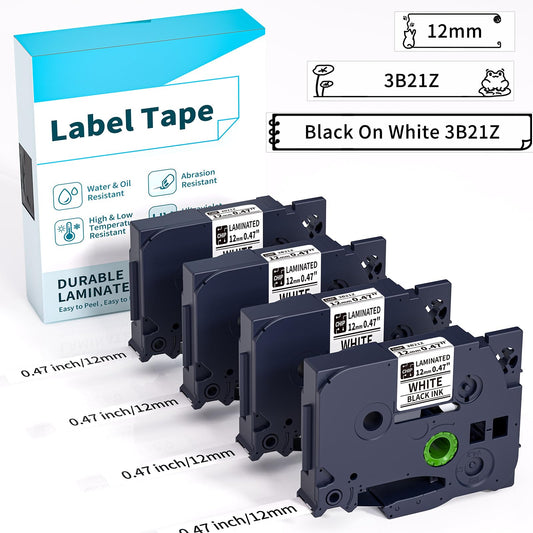 VolenGo 12mm 0.47 inch TZe-231 Label Tape Compatible with Brother P-Touch PT-D210 PT-H110 PT-D220 PTD400 PTD410 Label Maker, 1/2'' Black on White P Touch TZe TZ Tape, Laminated, 4 Packs - 3B21Z