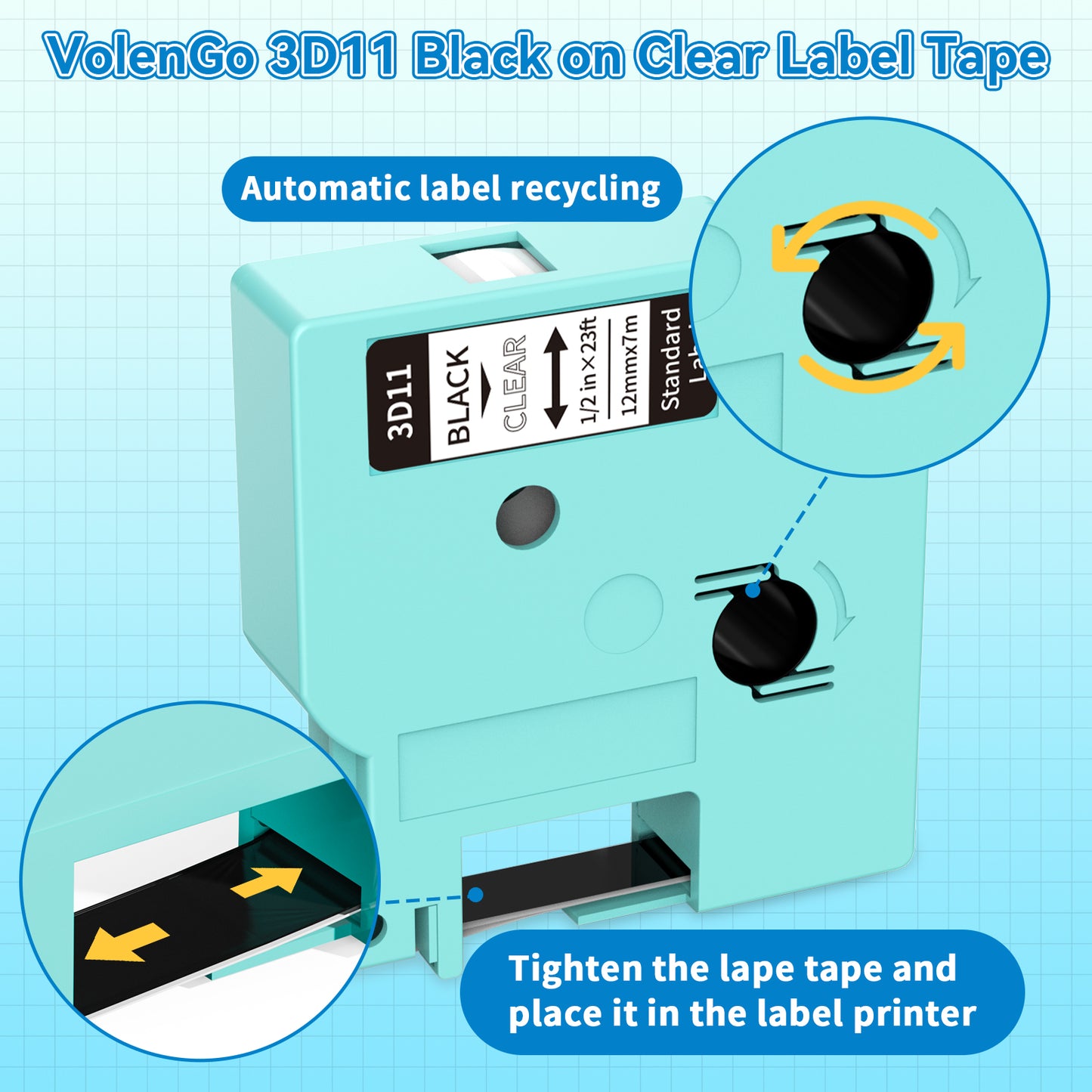 VolenGo Black on Clear Label Tape, 3D11 2PK Tape Refill for D1600 Labeler Replacement for Dymo D1 Label Tape 45013,Compatible for Dymo LabelManager160 280 210D Label Maker, 1/2 Inch x23Feet