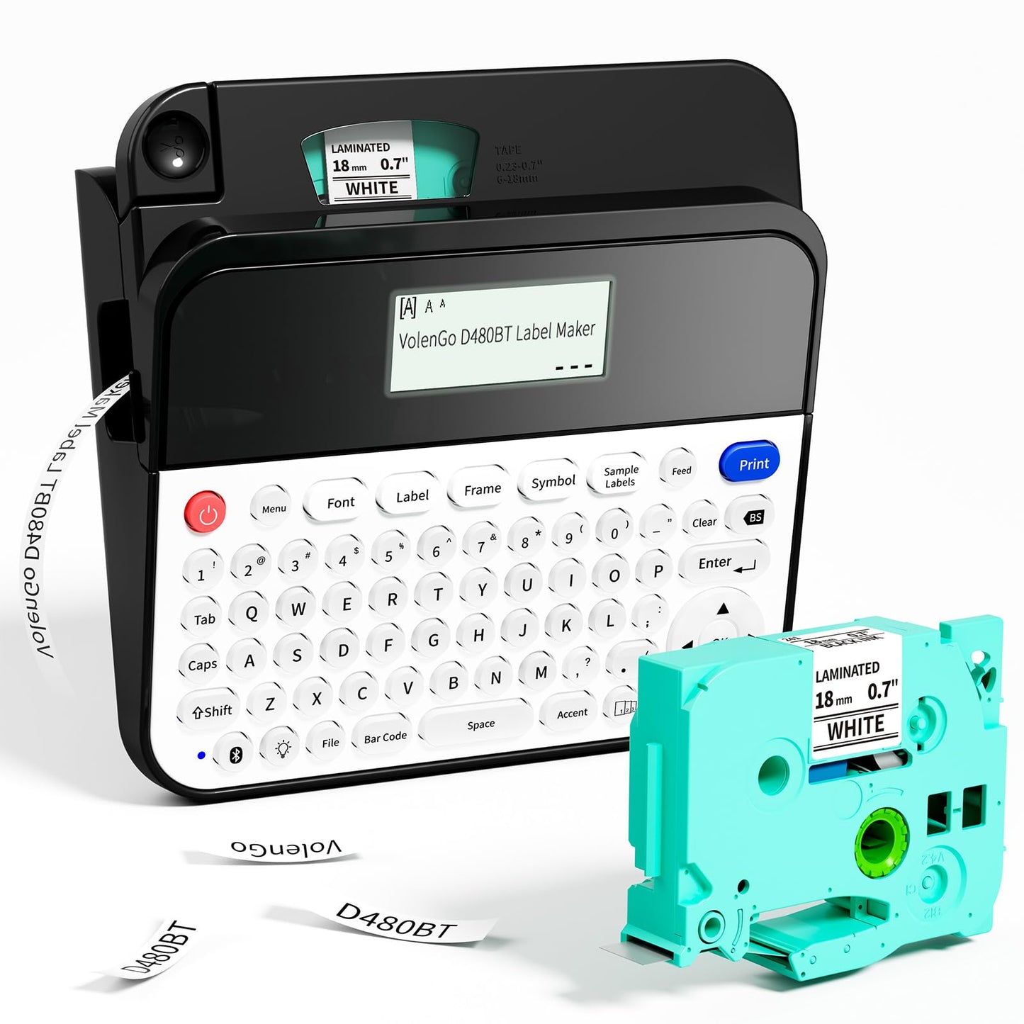 VolenGo D480BT Label Maker Machine with 3/4 inch 18mm Tape, Thermal Labeler, QWERTY Keyboard&Backlit LCD Screen, Inkless Label Maker for Home&Office Organization, Bluetooth to Connect C omputer/Phone, Black