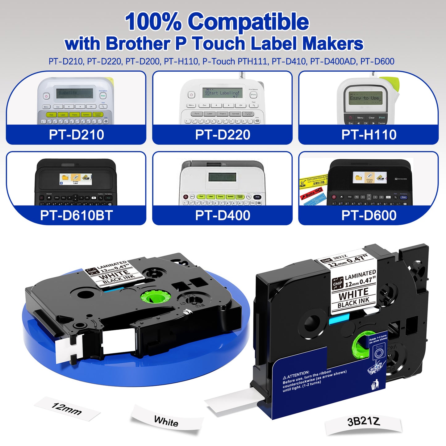 BZ Label Tape 12mm 0.47 Laminated for H1100 D210s Label Maker